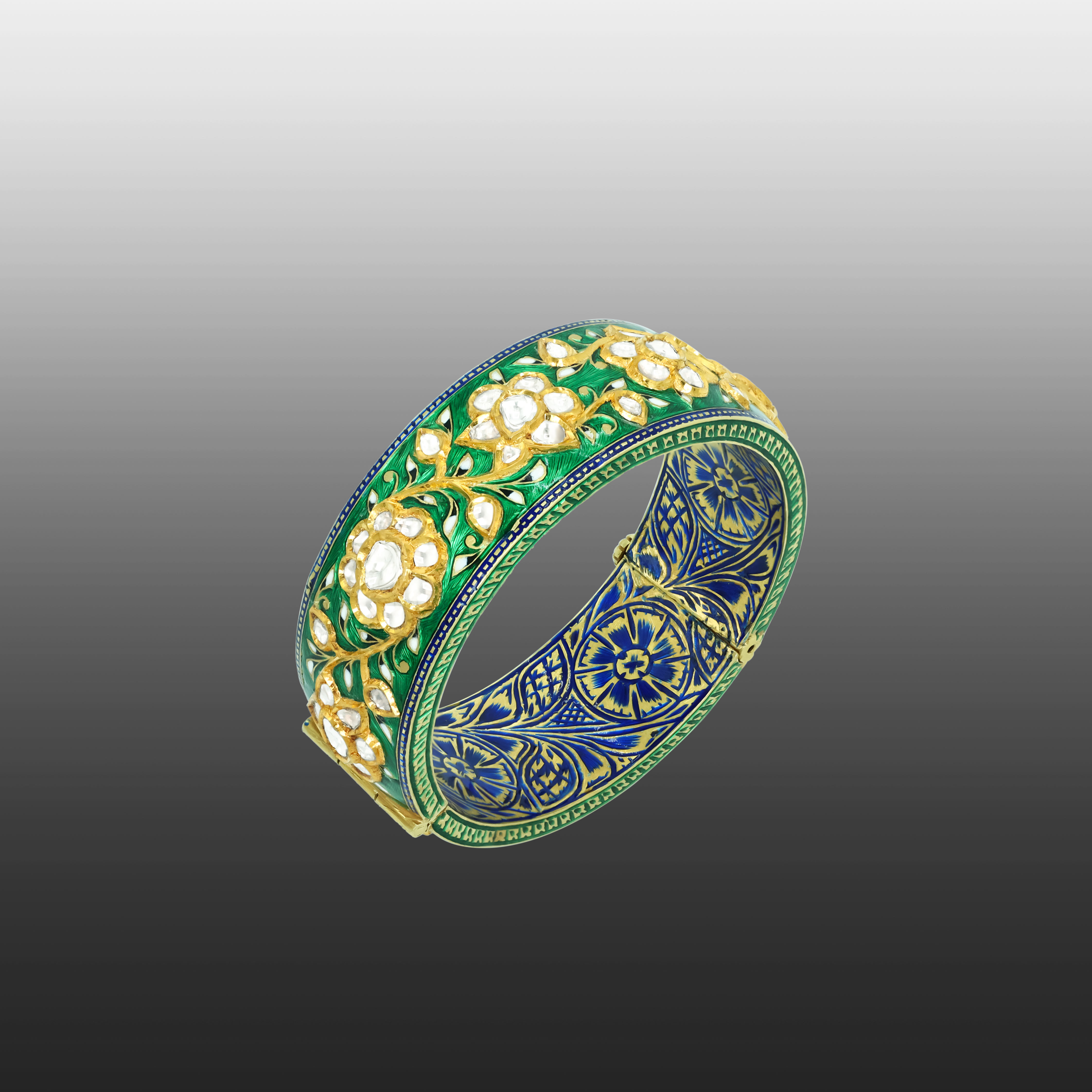 Green Enamel Bangle with Polki Florals and Blue Inner Motifs